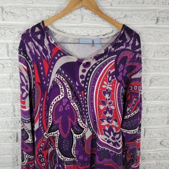 Liz Me Womens Top 3X Plus Long Sleeve Knit Purple Red Rhinestones GEO198E - Picture 3 of 8